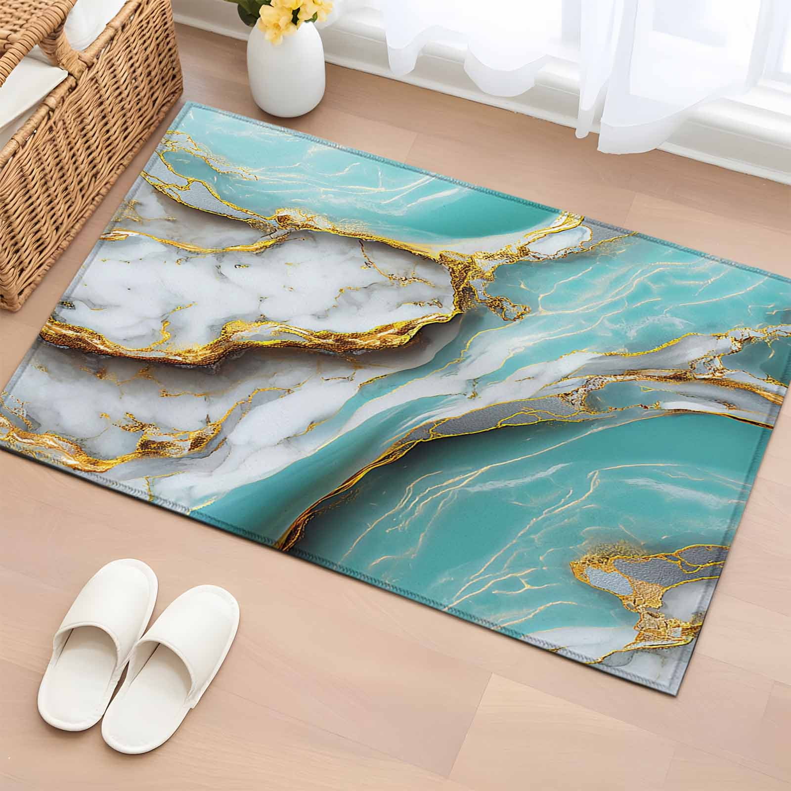 Turquoise Marble Bathroom Rug Washable 2x3 Entryway Rug Non Slip Modern Abstract Gold Stripes Art Front Door Mat Low Pile Indoor Doormat Throw Floor Carpet for Kitchen Bedroom Entrance