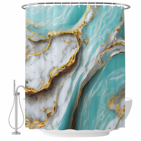 Turquoise Marble Bathroom Shower Curtains with Hooks, Modern Abstract Gradient White Gold Teal Water Ripples Waterproof Fabric Washable Shower Curtain for Home Hotel Bathtub Decor 36x72 Inch