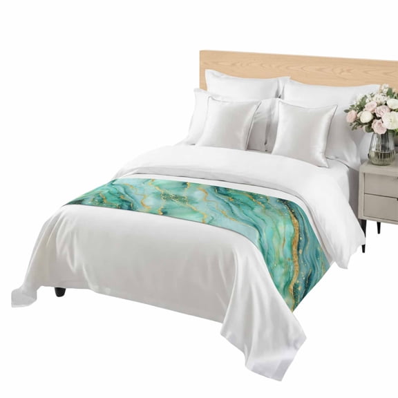 Turquoise Marble Bed Runner Twin Size Luxurious Abstract Teal Gold Water Ripples Soft Bed Scarf for Foot of Bed, Decorative Bedding Scarf Protection for Hotel Home Bedroom 71 x 20 Inch