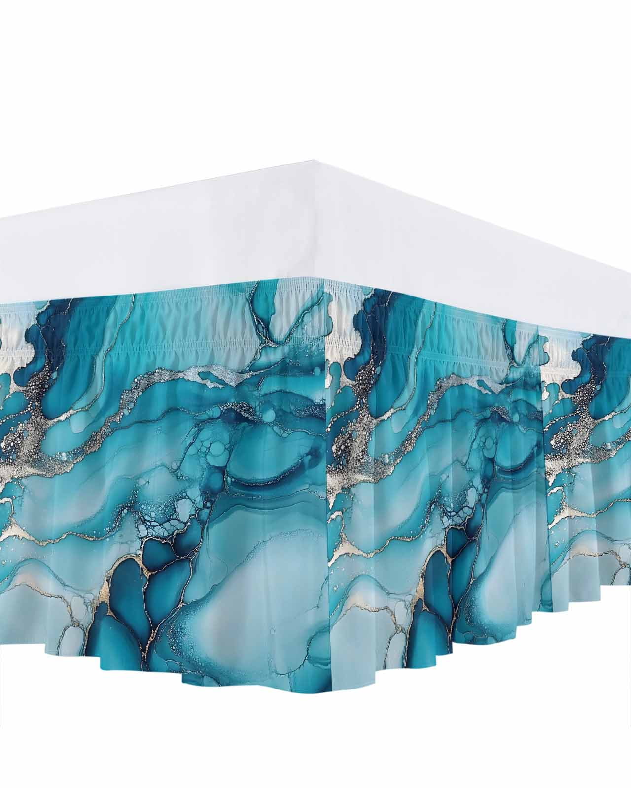 Turquoise Marble Bed Skirt California King Size 18" Drop Abstract Marble Ruffled Wrap Around Bed Skirts Adjustable Elastic Bedskirt Dust Ruffle for California King Size Bed