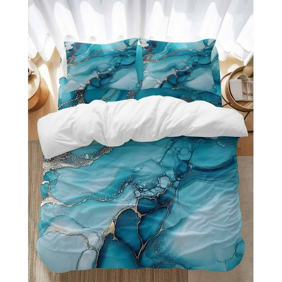 Turquoise Marble Bedding Duvet Cover Set Queen Size 4 Pieces Abstract Marble Soft Twill Plush Quilt Cover, Include 1 Duvet Cover 1 Flat Sheet And 2 Pillow