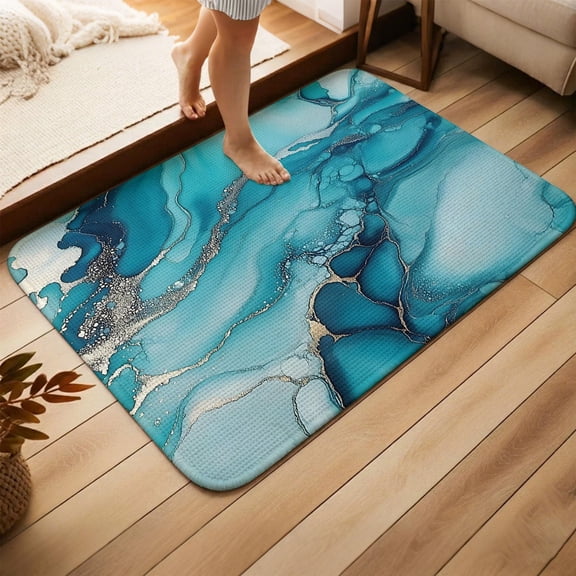 Turquoise Marble Bedroom Area Rugs, Non Slip Living Room Floor Rug Large Entryway Mat, Teal Grey Modern Geometric Absorbent Washable Low Profile Carpet for Playroom Nursery 3.9x5.3 Ft