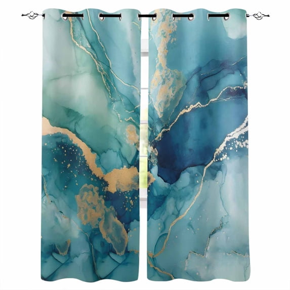 Turquoise Marble Blackout Curtains for Bedroom, Thermal Insulated Window Treatment, Modern Abstract Art Ombre Blue Grommet Top Blackout Draperies and Drapes for Basement 27.5"x39" 2 Panels