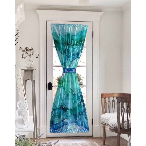 Turquoise Marble Blackout Door Curtains for French, Glass,Front, Back, Patio Door, Gradient Abstract Sea Waves Bubble Thermal Insulated Rod Pocket Window Curtain Drapes With Tiebacks 25"x72"