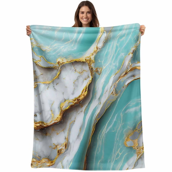 Turquoise Marble Blanket Soft Cozy Warm Throw Blanket for Couch, Plush Fuzzy Flannel Fleece Blankets for Sofa, Modern Abstract Gold Stripes Art Bed Blankets Lightweight Gifts for Women, 30"x40"