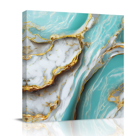 Turquoise Marble Canvas Wall Art for Living Room, Modern Abstract Gradient White Gold Teal Water Ripples Wall Decor Framed Artwork Pictures Ready to Hang for Bedroom Office Home Decor