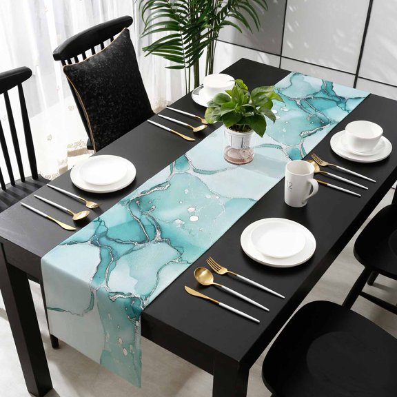 Turquoise Marble Cotton Linen Small Table Runner 13 x 60 inch Nature Marble Crack Country Retro Non-slip Rectangular Dining Table Decor for Wedding Party Holiday Dinner