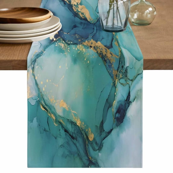 Turquoise Marble Cotton Linen Table Runner for Dining Kitchen, Abstract Minimalist Art Ombre Blue Wedding Outdoor Party Tablerunners Decoration, Dresser Scarf Coffee Tablecloth Runners 13x36 Inches