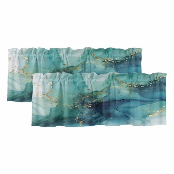 Turquoise Marble Curtain Valances for Windows, Kitchen Valance Window Treatments Panel 2 Pack, Modern Ink Painting Abstract Aesthetics Rod Pocket Short Curtains for Bathroom Bedroom 42 x 12 Inch