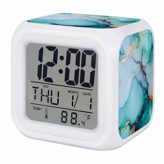 Turquoise Marble Digital Alarm Clock for Bedrooms, Smart LED Alarm Clock with 7 Color Changing Night Light, Abstract Green Modern Luxury Cracks Silent Wake Up Clocks for Sleep Study Cooking 3.2"x3.2"