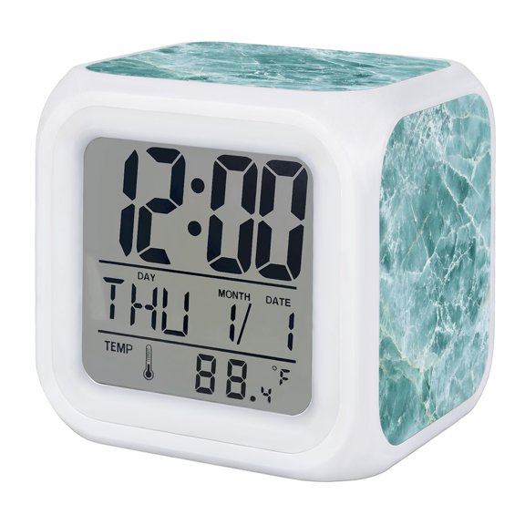 Turquoise Marble Digital Alarm Clock for Bedrooms, Smart LED Alarm Clock with 7 Color Changing Night Light, Coastal Waves Modern Art Silent Wake Up Clocks for Sleep Study Cooking 3.2"x3.2"