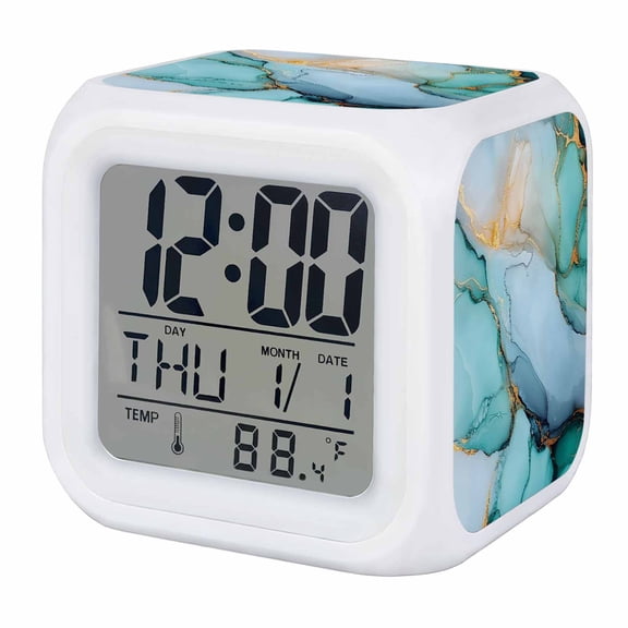 Turquoise Marble Digital Alarm Clock for Bedrooms, Smart LED Alarm Clock with 7 Color Changing Night Light, Farmhouse Abstract Ombre Texture Silent Wake Up Clocks for Sleep Study Cooking 3.2"x3.2"