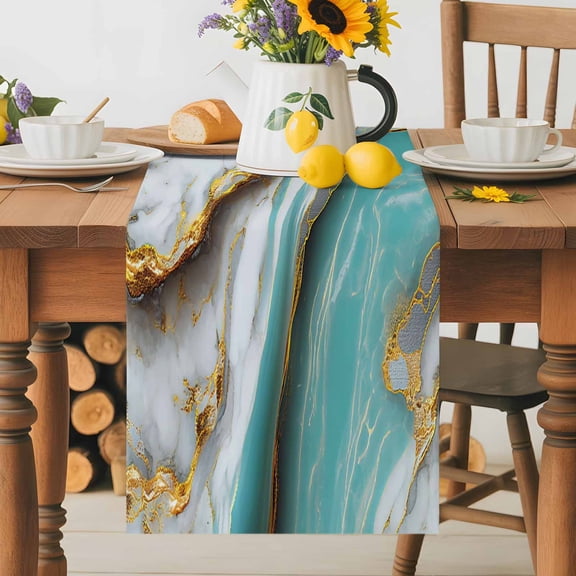 Turquoise Marble Dining Table Runner, Modern Abstract Gradient White Gold Teal Water Ripples Washable Table Runners Kitchen Coffee Table Center Decor for Home Party Holiday Wedding 18 x 72 Inches