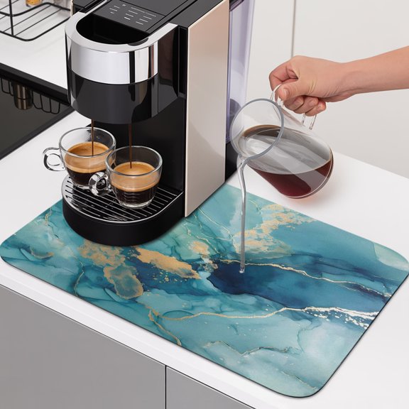 Turquoise Marble Dish Drying Mats for Kitchen Counter, Abstracts Gold Wave Lines Gradient Texture Absorbent Coffee Bar Mat with Non-slip Rubber Backed Quick Drying Dish Rack Pad 12"x16"