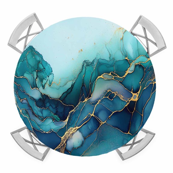 Turquoise Marble Elastic Fitted Round Table Cover Golden Waves Abstract Art Waterproof Outdoor Tablecloth for Holiday Party, Picnic, Patio & Dining Fits Tables Up to 36"-44"