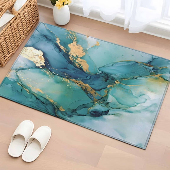 Turquoise Marble Entryway Rug 2'x3' Non Slip Front Door Mats, Abstract Minimalist Art Ombre Blue Entrance Rugs Indoor Outdoor Carpet, Washable Floor Mats Small Area Rug for Bedroom Kitchen