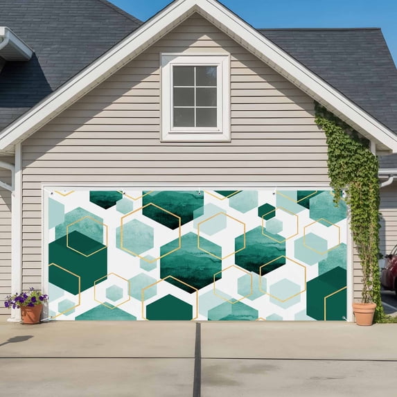 Turquoise Marble Garage Door Cover Banner 7 x 8 FT, Gold White Geometric Hexagon Modern Garage Door Curtains Backdrop with Grommets for Indoor Outdoor Wall Party Porch Yard Decorations Background