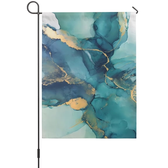 Turquoise Marble Garden Flags For Outdoor, Abstracts Gold Wave Lines Ombre Texture Small Double Side Yard Flags Weather Proof Garden Decor for Lawn Outside Holiday 12 x 18 Inches