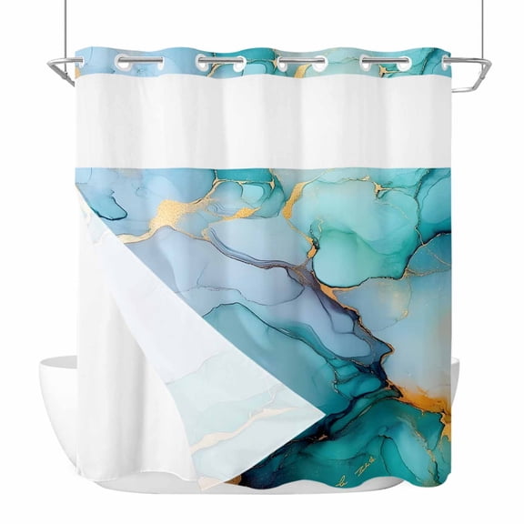Turquoise Marble No Hook Shower Curtain Waterproof, Bathroom Curtains with Snap in Liners and See Through Top Window, Abstract Green Modern Luxury Cracks Hotel Style Bathtub Curtains Shower 72"Wx72"L