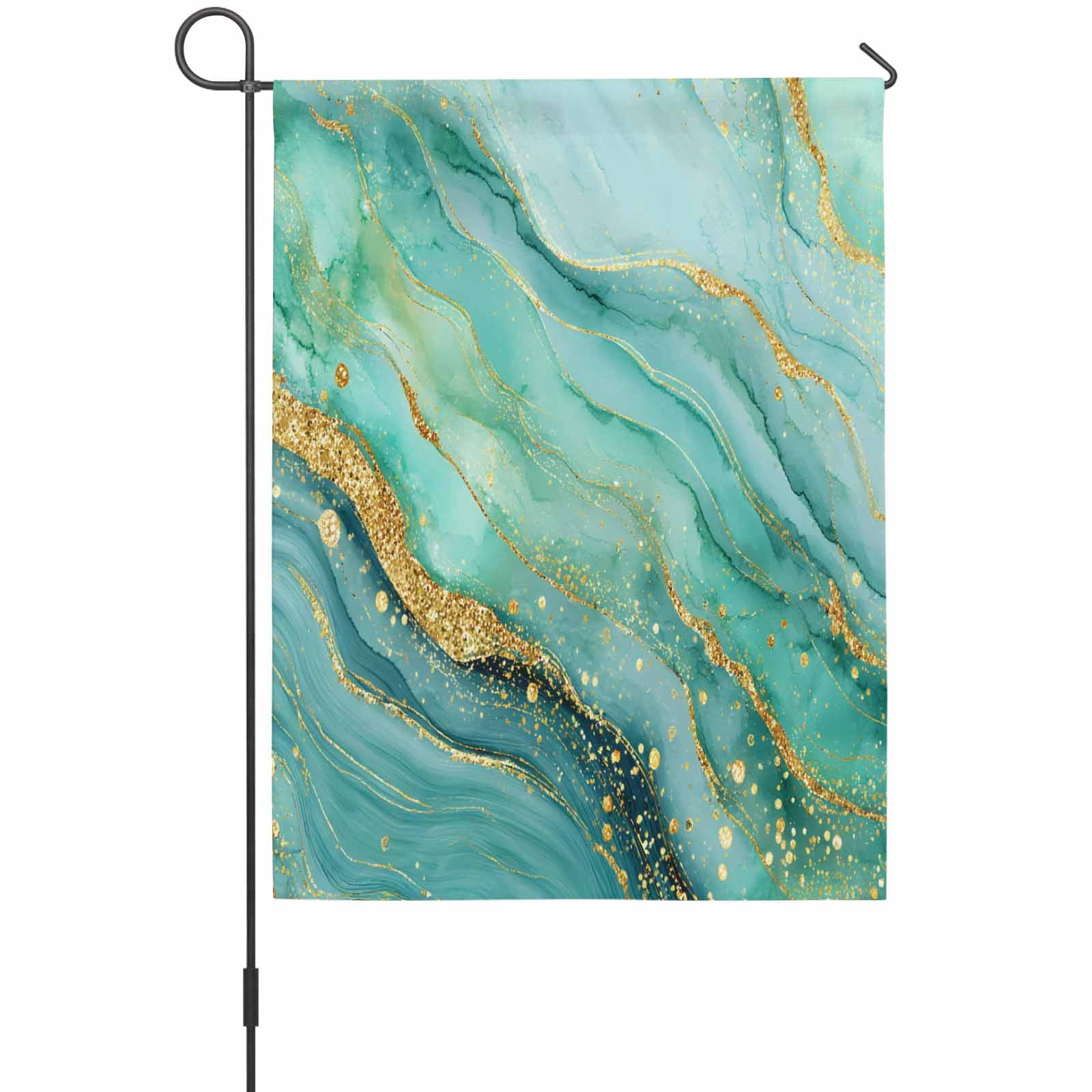 Turquoise Marble House Flag 28 x 40 Inches, Luxurious Abstract Teal Gold Water Ripples Weather Proof Outdoor Patio Flags Double Sided Small House Decoration for Yard Lawn Outside Home