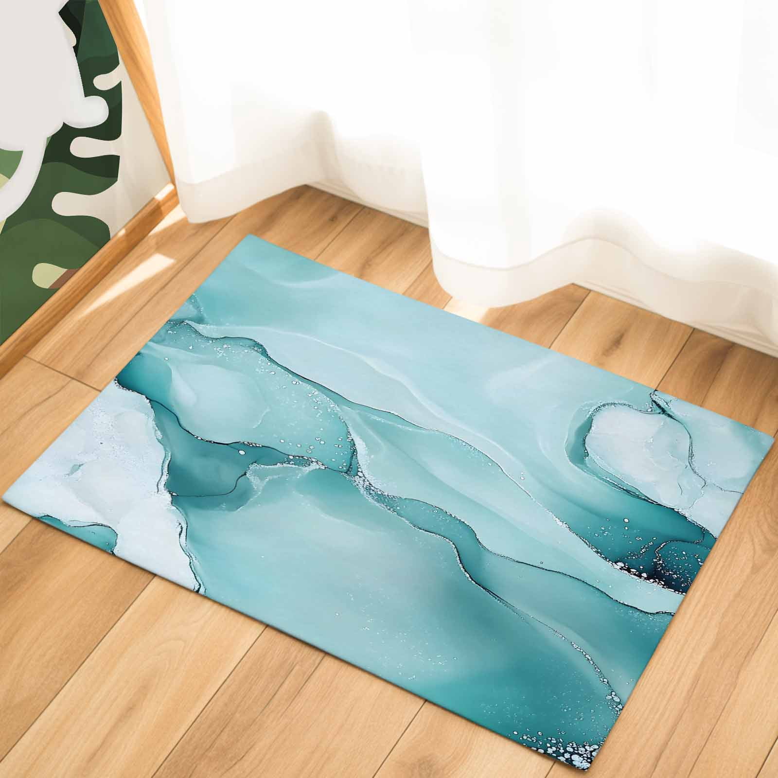 Turquoise Marble Indoor Door Mat - 16"x24", Non-Slip Welcome Mat for Outdoor, Modern Abstract Art Texture Watercolor Front Doormat for Entry, Low-Profile Doormat Entrance Rug for Kitchen/Bathroom