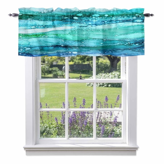Turquoise Marble Kitchen Curtain Valances for Windows Farmhouse Short Curtains, Gradient Abstract Sea Waves Bubble Rod Pocket Valance Curtain for Bedroom Cafe Living Room 42"x12"