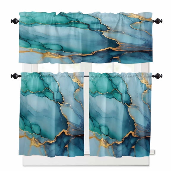 Turquoise Marble Kitchen Curtains and Valances Set, Gold Foil Modern Abstract Rod Pocket Window Valance 18 Inch Window Curtain Panels for Living Room Bedroom Laundry, 27.5x36in, 3 Pieces