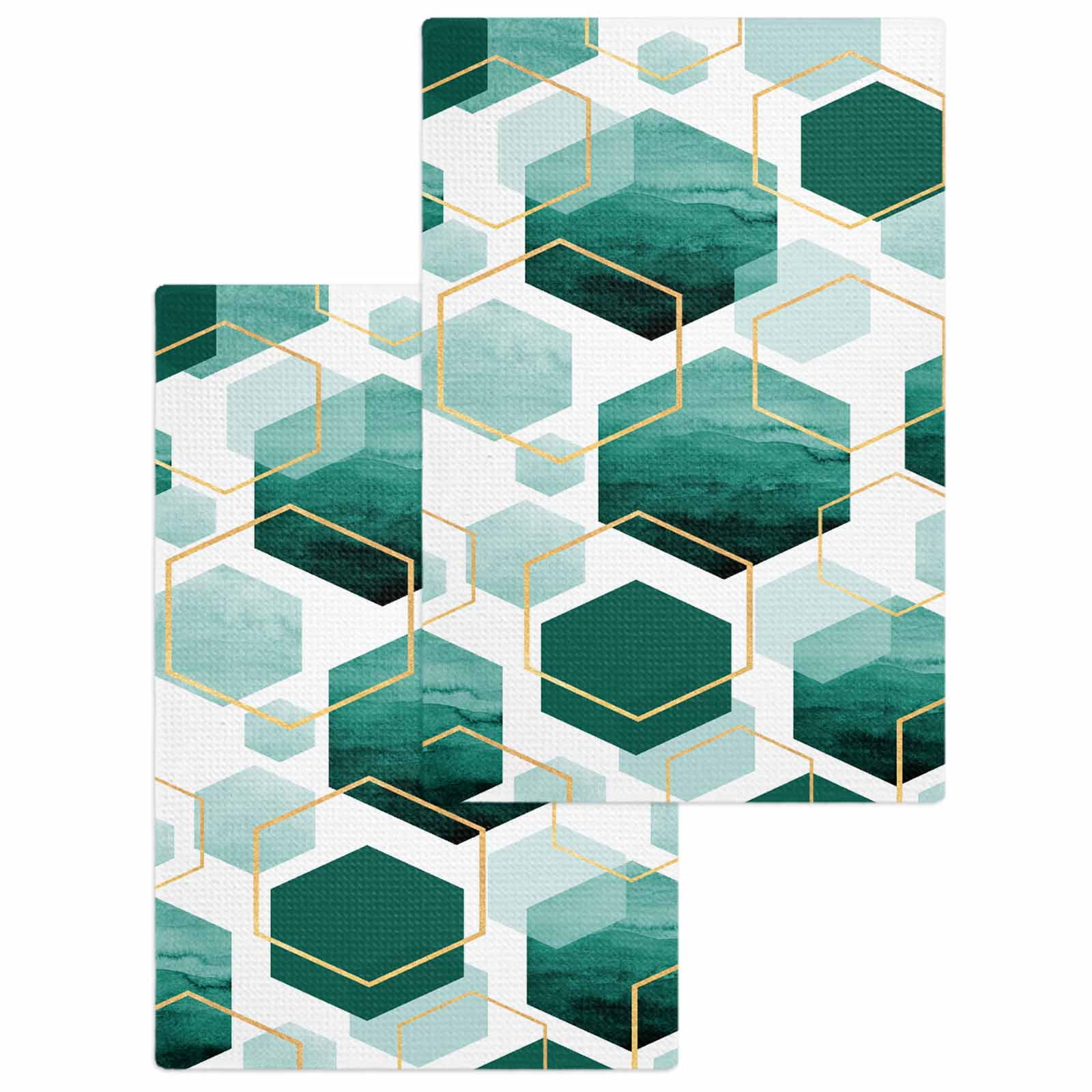 Turquoise Marble Kitchen Dish Towels for Drying Dishes Set of 2, Gold White Geometric Hexagon Modern Waffle Weave Microfiber Hand Tea Bathroom Towels Quick Dry & Absorbent Towel 15.7x23.6