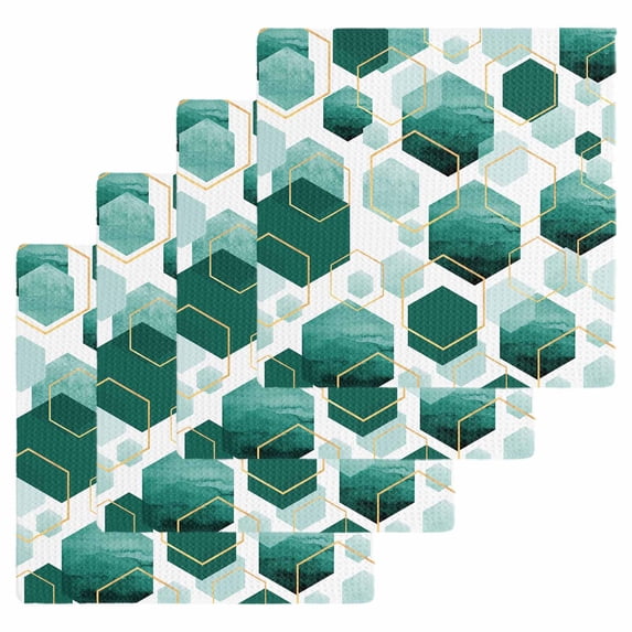 Turquoise Marble Kitchen Dish Towels for Drying Dishes Set of 4, Gold White Geometric Hexagon Modern Waffle Weave Microfiber Hand Tea Bathroom Towels Quick Dry & Absorbent Towel 12x12