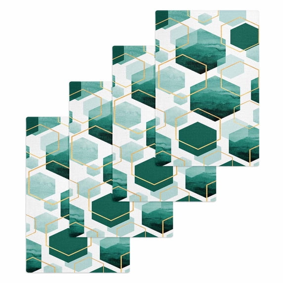 Turquoise Marble Kitchen Dish Towels for Drying Dishes Set of 4, Gold White Geometric Hexagon Modern Waffle Weave Microfiber Hand Tea Bathroom Towels Quick Dry & Absorbent Towel 15.7x23.6