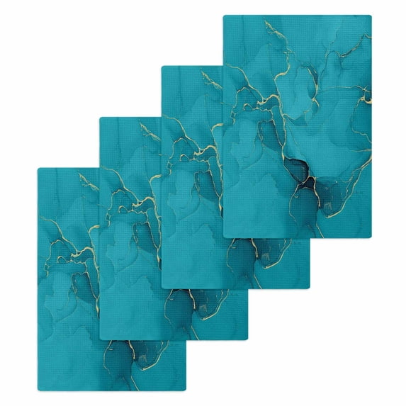 Turquoise Marble Kitchen Dish Towels for Drying Dishes Set of 4, Minimalist Abstract Golden Fluid Art Waffle Weave Microfiber Hand Tea Bathroom Towels Quick Dry & Absorbent Towel 15.7x23.6