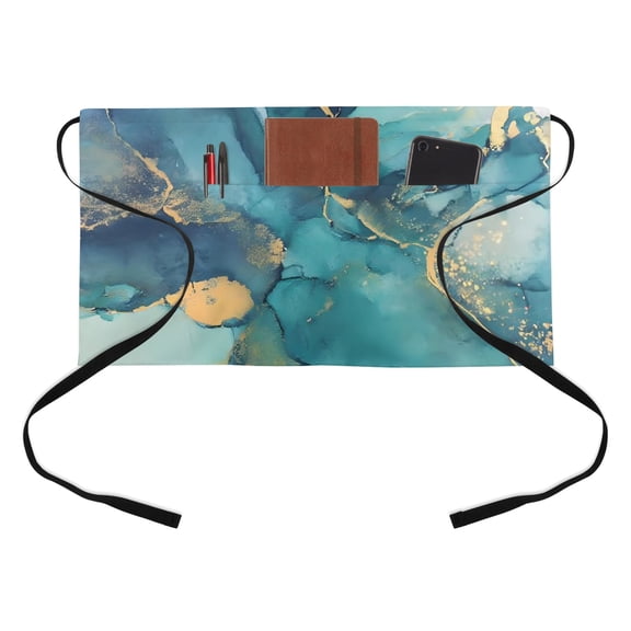 Turquoise Marble Kitchen Restaurant Half Waist Apron, Abstracts Gold Wave Lines Ombre Texture Server Short Apron with 3 Pockets Waterproof Oil Waist Aprons for Women Waitress Waiter