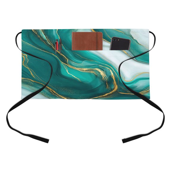 Turquoise Marble Kitchen Restaurant Half Waist Apron, Gold Line Abstract Art Fluid Modern Server Short Apron with 3 Pockets Waterproof Oil Waist Aprons for Women Waitress Waiter