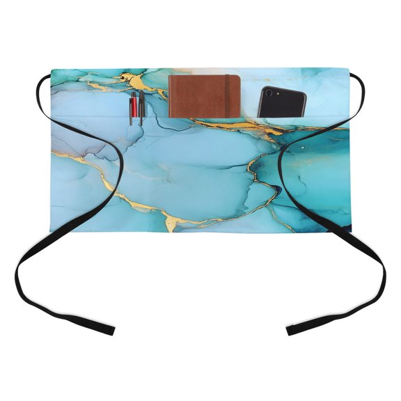 Turquoise Marble Kitchen Restaurant Half Waist Apron, Teal Green Gradient Texture Abstract Marble Server Short Apron with 3 Pockets Waterproof Oil Waist Aprons for Women Waitress Waiter