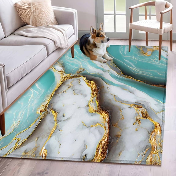 Turquoise Marble Kitchen Runner Rug 2.7x5 Washable Runners for Hallway Non Slip Modern Abstract Gold Stripes Art Large Area Rug Indoor Floor Carpet for Bathroom Laundry Entryway Bedroom Living Room