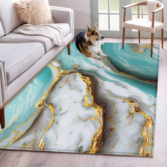Turquoise Marble Kitchen Runner Rug 2.7x5 Washable Runners for Hallway Non Slip Modern Abstract Gold Stripes Art Large Area Rug Indoor Floor Carpet for Bathroom Laundry Entryway Bedroom Living Room