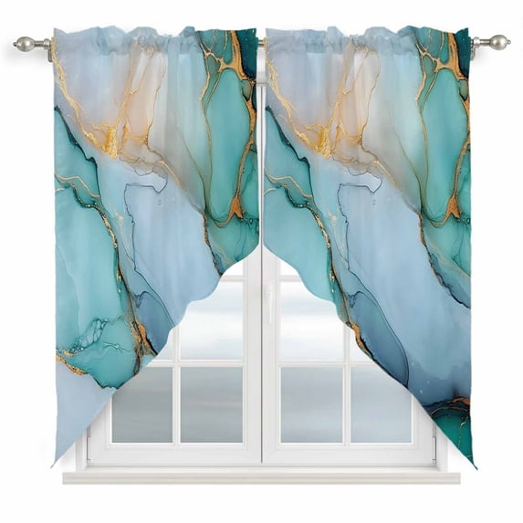 Turquoise Marble Kitchen Window Curtains, Swag Curtains Valance for Bedroom Living Room Bathroom, Farmhouse Abstract Ombre Texture Rod Pocket Window Treatment Curtain Block Drapes 2 Panels 36"x63"