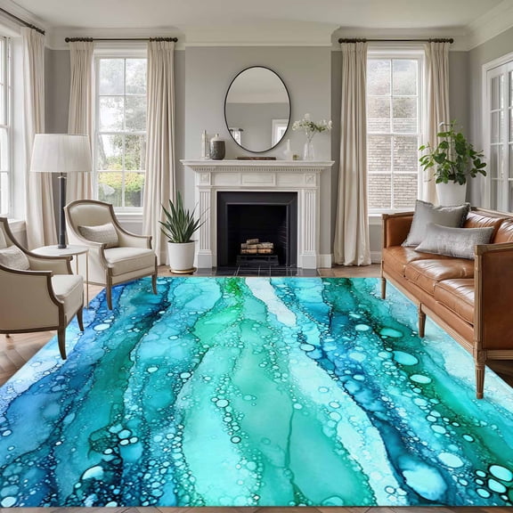 Turquoise Marble Large Area Rug 8x10 FT, Non Slip Living Room Throw Carpet, Gradient Abstract Sea Waves Bubble Washable Soft Indoor Outdoor Carpet Non-Shedding Rug for Bedroom Dining Room
