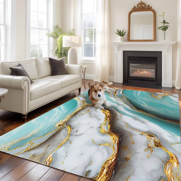 Turquoise Marble Large Area Rugs 8x10 ft Modern Abstract Gradient White Gold Teal Water Ripples Washable Rug Non Slip Indoor Carpet Absorbent Floor Mat for Living Room Bedroom Dining Room