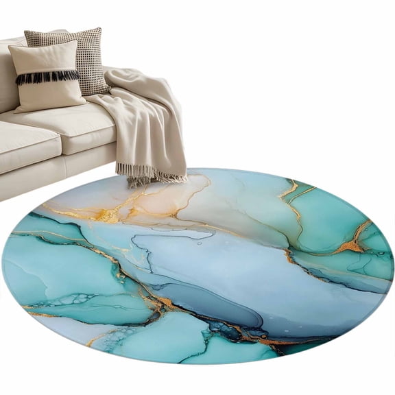 Turquoise Marble Large Area Rugs for Bedroom Living Room, Soft Non Slip Carpet Bedside Rug, Farmhouse Abstract Ombre Texture Round Floor Cover Kitchen Accent Rug 3' for Dining Room/Office