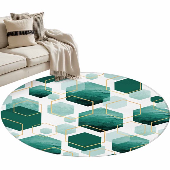 Turquoise Marble Large Area Rugs for Bedroom Living Room, Soft Non Slip Carpet Bedside Rug, Gold White Geometric Hexagon Modern Round Floor Cover Kitchen Accent Rug 3' for Dining Room/Office
