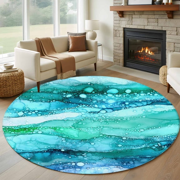 Turquoise Marble Large Round Rug 8 FT, Non Slip Living Room Area Carpet, Gradient Abstract Sea Waves Bubble Washable Soft Circle Rug Non-Shedding Floor Carpet for Bedroom Office Dining Room
