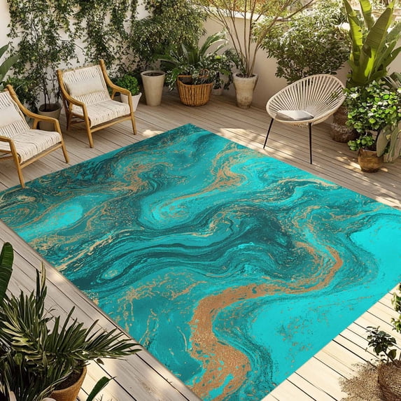 Turquoise Marble Outdoor Rug 5x8 Ft - Reversible Patio Rug Outdoor Camping Rugs, Farmhouse Modern Abstract Aesthetic Washable Indoor Outdoor Area Rugs, Non-Slip Outdoor Carpet Runner for Deck/Porch