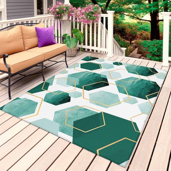 Turquoise Marble Outdoor Rug 6x9 Ft, Non Slip Washable Area Rug, Gold White Geometric Hexagon Modern Patio Rugs Carpet Runner, Large Floor Mat for Indoor/Outdoor Deck Porch Camping