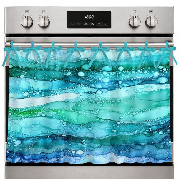 Turquoise Marble Oven Skirt Curtain for Kitchen, Stove Cabinet Dishwasher Curtain with Ruffled Trim & Ribbon Ties, Gradient Abstract Sea Waves Bubble Appliance Cover for Door Over Sink