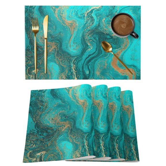 Turquoise Marble Placemats Set of 2, Cotton Linen Fabric Place Mats, Farmhouse Modern Abstract Aesthetic Washable Decorative Table Mats Protector for Home Kitchen Dining Wedding Party Coffee Tables