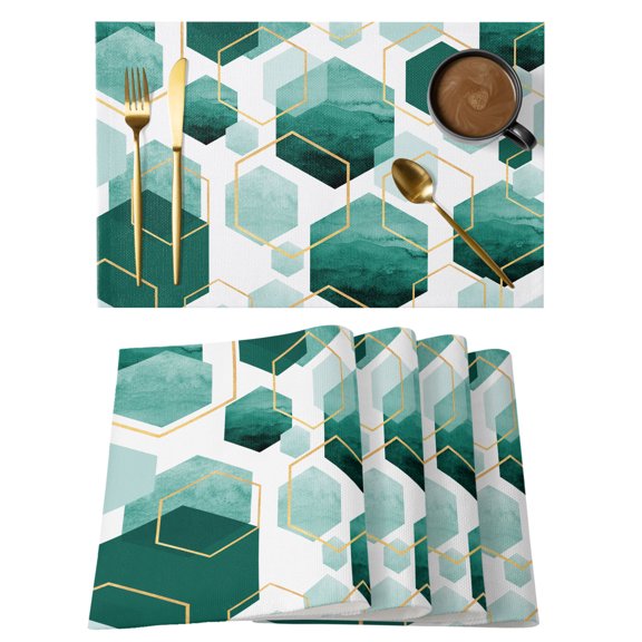 Turquoise Marble Placemats Set of 2, Cotton Linen Fabric Place Mats, Gold White Geometric Hexagon Modern Washable Decorative Table Mats Protector for Home Kitchen Dining Wedding Party Coffee Tables