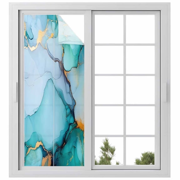 Turquoise Marble Privacy Window Film, Decorative Frosted Glass Window Film, Abstract Green Modern Luxury Cracks Reusable Peel and Stick Static Cling for Home Bathroom Office Glass Door 23.6"x59"