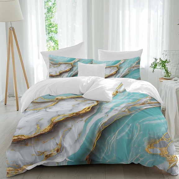Turquoise Marble Queen Size Comforter Set, Modern Gradient White Gold Teal Water Ripples Bedding for All Seasons, 4 Pcs Bed Set, 1Quiltcover (90"x92") ,1Sheet(94"x116"), 2Pillowcases (30"x20")