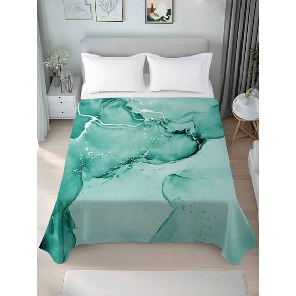 Turquoise Marble Queen Size Flat Sheet, Wrinkleproof & Fadeproof Cooling Flat Bed Sheet Only, Nature Marble Stone Ripple Modern Art Breathable Soft Bedding Top Sheets 90 x 102 Inches